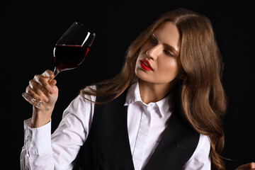 Beautiful female sommelier with wine on black background