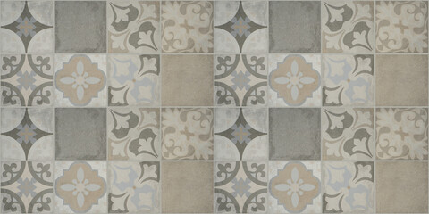 Old beige gray vintage worn geometric shabby mosaic ornate patchwork motif porcelain stoneware...