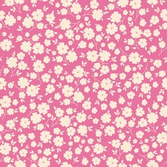 Simple vintage pattern. White flowers and leaves. Pink  background. Fashionable print for textiles and wallpaper.