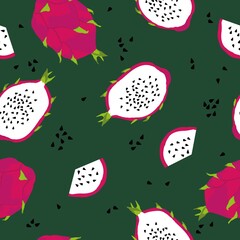 seamless dragon fruit pattern. green background. ripe dragon fruit. vector texture. trend print for textiles and wallpaper.
