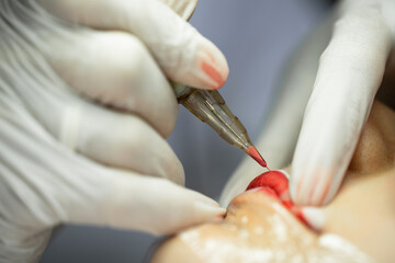 Professional permanent makeup procedure - lip blushing