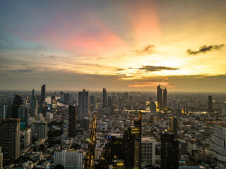 Obraz premium Aerial view of King Power Mahanakhon tower in Sathorn Silom central business district of Bangkok, Thailand