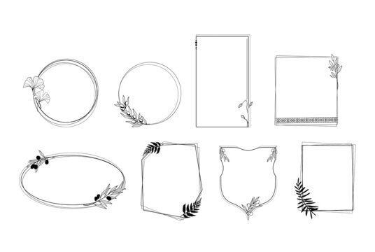 Elegant frames in greece style isolated clip arts bundle, round and square black and white frames set, floral olive branch decorative frames for text - vector images collection