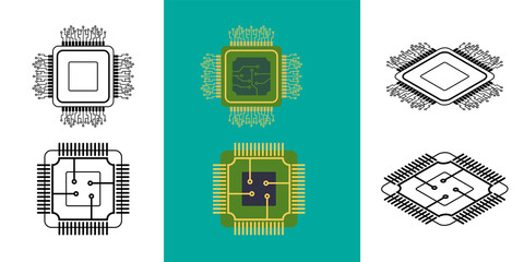 IC circuit board icon set. Technology semiconductor industry concept.