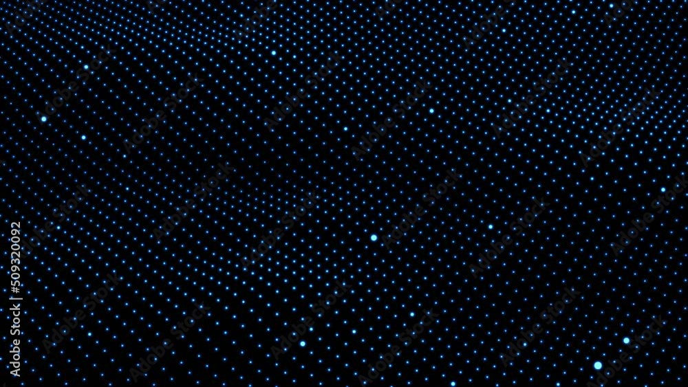 Poster abstract particle grid background in blue color with wave motion on black background. looped 4k anim