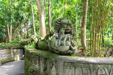 Statue at entry to Sacred Monkey Forest, close view, Ubud, Bali, Indonesia
