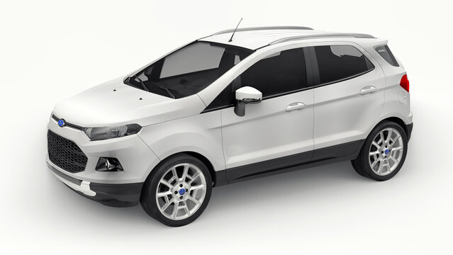 Paris, France. June 11, 2021: Ford EcoSport 2016 white compact city SUV isolated on white background. 3d rendering.