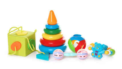 Collection of colorful plastic toys for little kids.