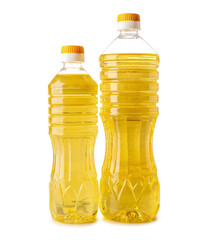 Bottles of sunflower oil on white background