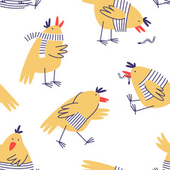 Pattern with cute chickens on a white background. Seamless pattern with chickens in striped clothes for newborn clothes design. Baby fabric design. Flat vector illustration.