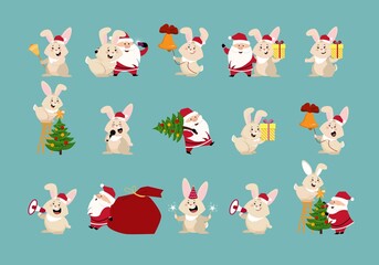 A set of painted vector icons of funny Santa Claus and cute rabbits with Christmas items. Vector festive illustration of animals and people in different situations