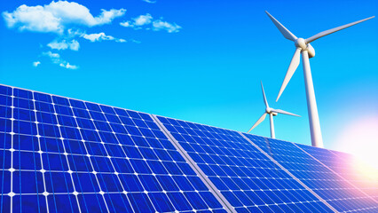 Solar panel or solar cells and wind turbine with bright blue sky background. Renewable energy or green energy concept.