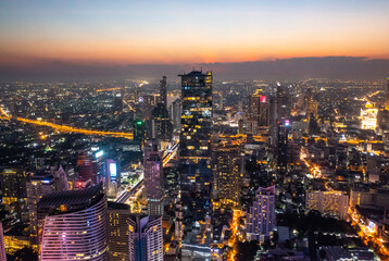 Aerial view of King Power Mahanakhon tower in Sathorn Silom central business district of Bangkok, Thailand