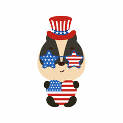 Cute little badger holding heart in USA patriotic hat and glasses. Cartoon animal character for kids t-shirt, decoration, baby shower, greeting card, house interior. Vector stock illustration