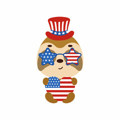 Cute little sloth holding heart in USA patriotic hat and glasses. Cartoon animal character for kids t-shirt, decoration, baby shower, greeting card, house interior. Vector stock illustration