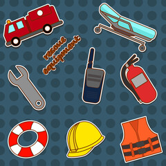 Rescue equipment stickers.  Helmet. Fire engine. Radio.  Patient bed.  Fire extinguisher. Life jacket. Swimming ring. Doodle vector illustration.