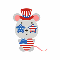 Cute little mouse holding heart in USA patriotic hat and glasses. Cartoon animal character for kids t-shirt, decoration, baby shower, greeting card, house interior. Vector stock illustration