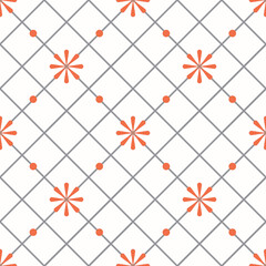 Lovely diagonal grid seamless pattern, white background, gray lines,diagonal strips. Decorated with orange flowers and small orange circles.