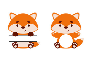 Cute little fox split monogram. Funny cartoon character for kids t-shirts, nursery decoration, baby shower, greeting cards, invitations, scrapbooking, home decor. Vector stock illustration