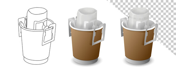 Drip coffee with portable drip bag vector on white background. Craft a cup with the coffee bag in the cup.