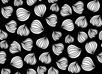 Floral vector seamless pattern with hand drawn black flowers on colorful leaves - Moire outline illustration