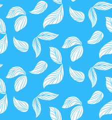 Floral vector seamless pattern with hand drawn blue flowers on colorful leaves - Moire outline illustration