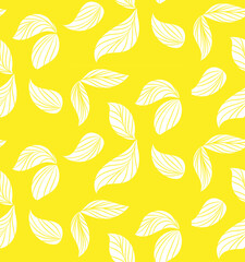 Floral vector seamless pattern with hand drawn yellow flowers on colorful leaves - Moire outline illustration