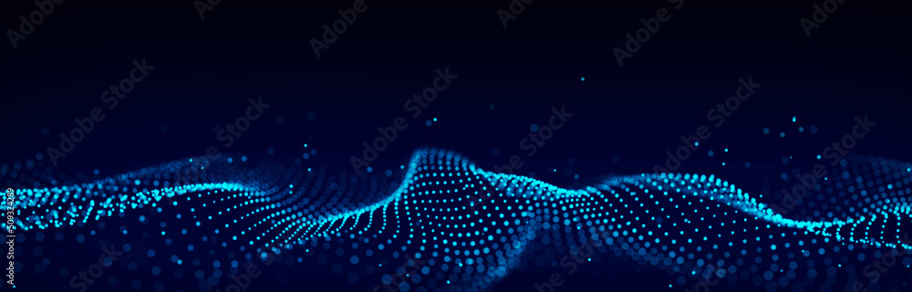 Poster dynamic sound wave of particles. music futuristic flow. abstract technology background. 3d rendering
