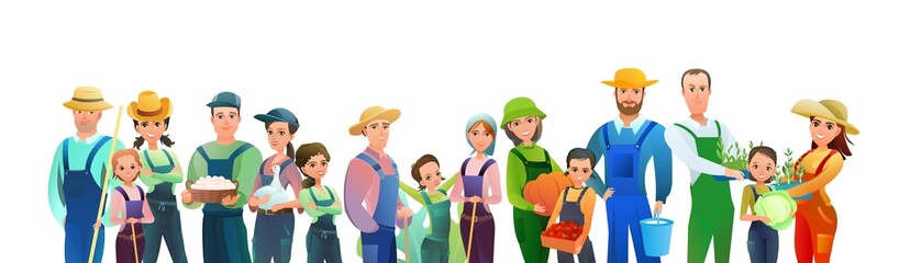 Man and woman and children villager farmer in overalls. Agricultural worker. Cheerful person. Standing pose. Cartoon comic style. Illustration isolated white background. Vector