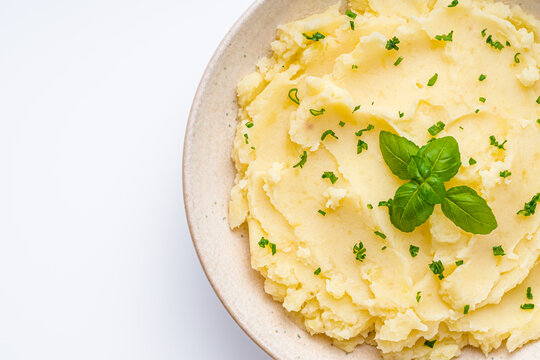 fresh tasty mashed potatoes on a white background
