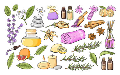 Big set of vector elements on Aromatherapy topic. Graphic Print for Product Packaging related to Perfumery, Cosmetics, Herbal Medicine, Aromatherapy Essential Oils. Isolated on white background.