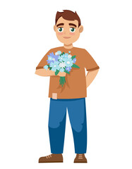 Boy holding bouquet of flowers. Character in cartoon style.