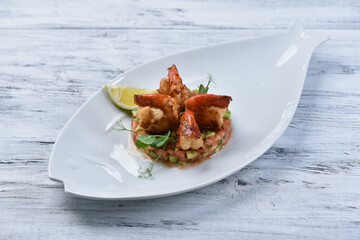Gambas shrimp with vegetable tar tar