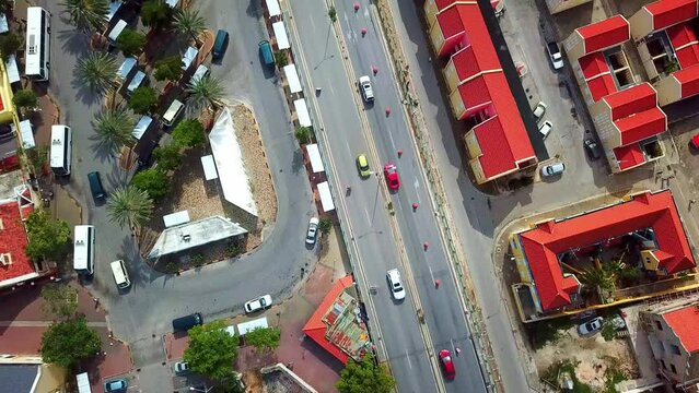 Overhead view of cars passing through the streets of Willemstad, Curacao, Dutch Caribbean island.