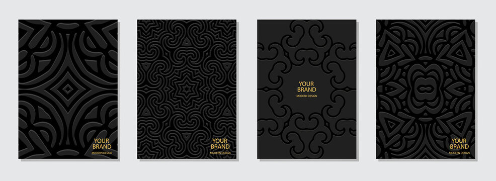 Set of covers with place for text, vertical templates, handmade ethnic texture. A collection of black embossed backgrounds with a unique 3D pattern. Heritage of the peoples of the East, Asia, India.