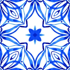 Gordijnen Azulejos - Portuguese tile blue watercolor pattern. Traditional ornament. © liliia_sinhina