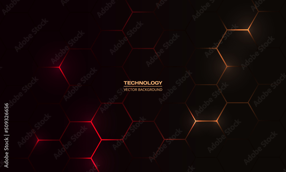 Poster Black hexagonal technology abstract vector background with red and orange colored bright flashes under hexagon. Hexagonal gaming vector abstract background.
