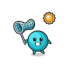 spiky ball mascot illustration is catching butterfly
