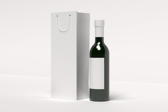 3d render mockup bottles of wine, champagne with an empty label and paper bag with a place for design