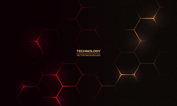 Black hexagonal technology abstract vector background with red and orange colored bright flashes under hexagon. Hexagonal gaming vector abstract background.
