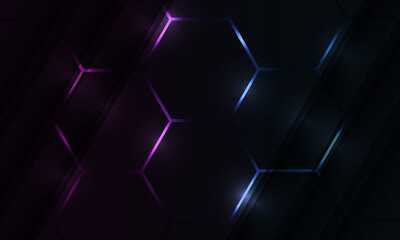 Dark hexagon gaming abstract vector background with pink and blue colored bright flashes. Vector illustration © Biod