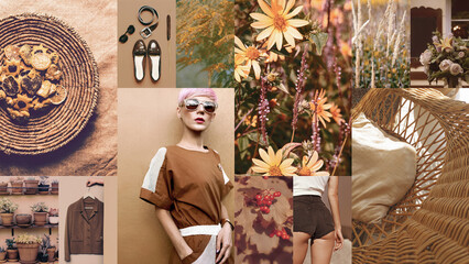 Set of trendy aesthetic photo collages. Minimalistic images of one top color. Country style mood...