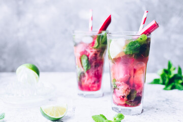 Summer refreshing drink with rhubarb, lemon and mint