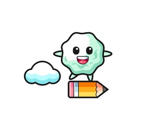 chewing gum mascot illustration riding on a giant pencil