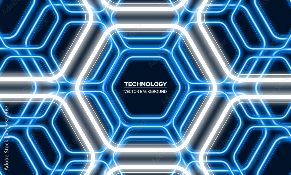 Wall mural blue and white neon hexagon abstract background. abstract futuristic technology modern hexagonal bac