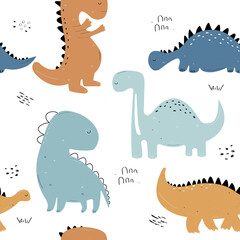 Vector hand-drawn colored seamless repeating children pattern with cute dinosaurs, plants and doodles in Scandinavian style on a white background. Baby pattern with dinosaurs. Wallpaper.