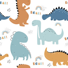 Vector hand drawn colored seamless childrens pattern with cute dinosaurs, plants and doodles in scandinavian style with roar lettering on white background. Children's pattern with dinosaurs. Wallpaper