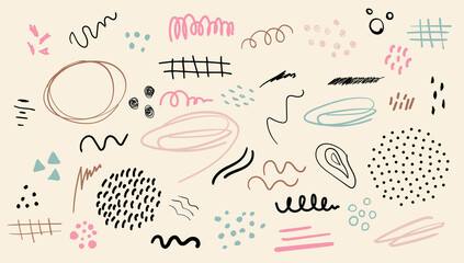 Fototapeta Set of modern abstract elements, minimal design. Vector hand drawn illustration. Clipart set in doodle style. obraz