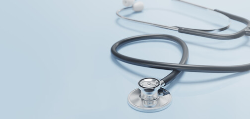 Stethoscope equipment, medical stethoscope, medical equipment on a blue background. 3d render