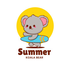 Cute koala bear with surfboard. Cartoon mascot illustration